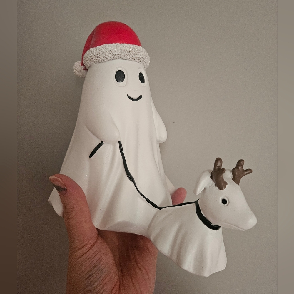 Festive Ghost with Santa Hat Walking Dog With Reindeer Ears Christmas Figurine
